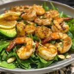['A close-up view of a vibrant Citrus Shrimp and Avocado Salad.', 'Juicy shrimp and fresh avocado atop a bed of greens in a colorful salad.', 'Side view of a Citrus Shrimp and Avocado Salad showcasing its fresh ingredients.', 'A plate featuring a Citrus Shrimp and Avocado Salad with greens and nuts.']