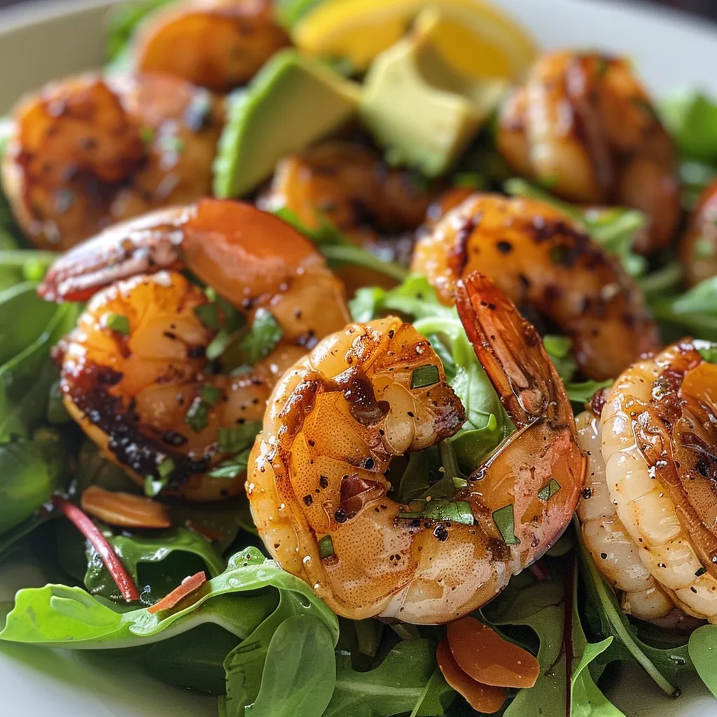 A close-up view of a vibrant Citrus Shrimp and Avocado Salad.