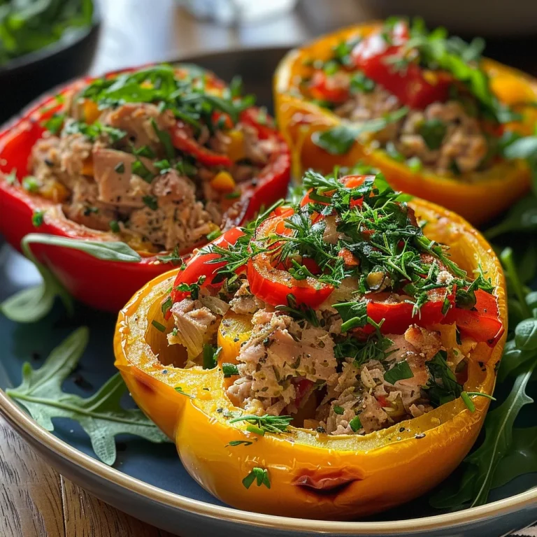 ['A close-up side view of vibrant red bell peppers filled with a herbed tuna mixture.', 'Juicy stuffed peppers bursting with a colorful herbed tuna filling, viewed from the side.', 'A side perspective of red bell peppers loaded with a fresh herbed tuna salad.', 'Detailed shot of stuffed red peppers showcasing a delicious mix of tuna and herbs.']