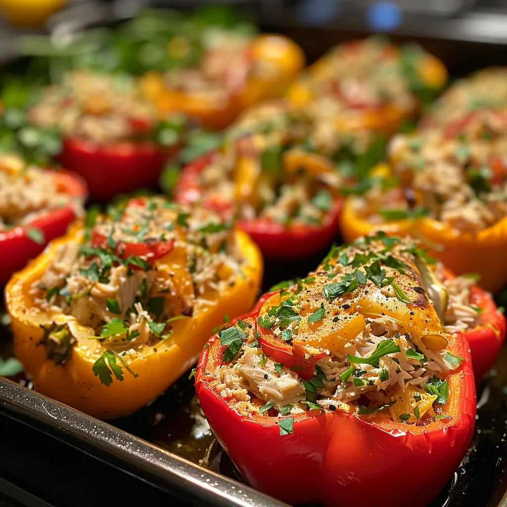 A close-up side view of vibrant red bell peppers filled with a herbed tuna mixture.