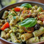 ['Close-up view of a colorful quinoa pasta salad with fresh vegetables and a lemon dill dressing.', 'Juicy quinoa pasta salad featuring cucumbers, tomatoes, red onion, and olives.', 'Vibrant tri-colored quinoa pasta salad garnished with fresh dill and a light vinaigrette.', 'Side view of a hearty quinoa pasta salad, showcasing its textures and colorful ingredients.']