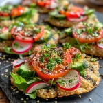 ['Close-up view of mini Mediterranean quinoa flatbreads topped with fresh vegetables.', 'Side angle of quinoa flatbreads garnished with frisée lettuce, tomatoes, and radishes.', 'Juicy, colorful mini flatbreads with a variety of toppings on a wooden plate.', 'Deliciously arranged Mediterranean quinoa flatbreads featuring vibrant vegetable slices.']