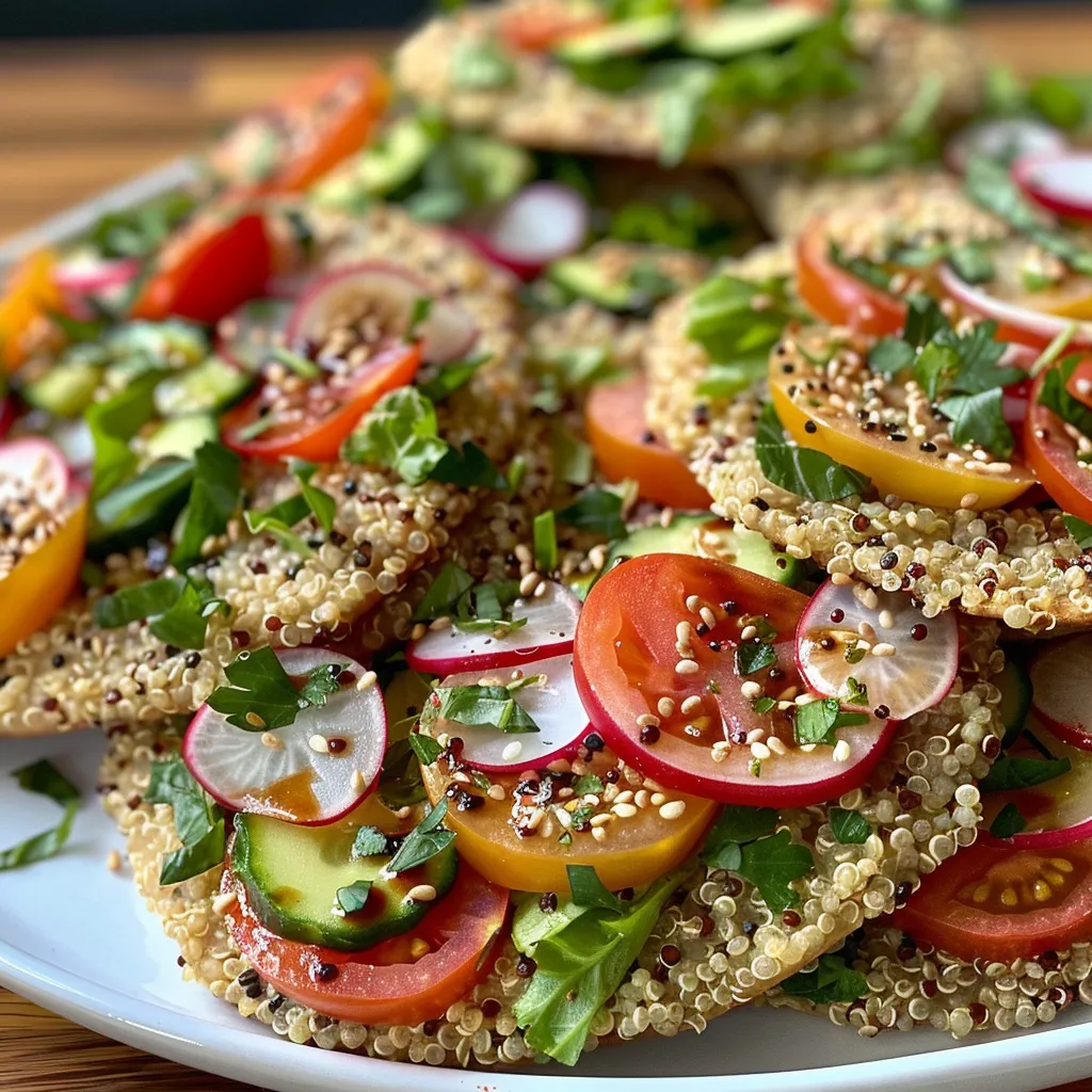 Close-up view of mini Mediterranean quinoa flatbreads topped with fresh vegetables.