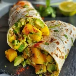 ['Close-up shot of colorful mango avocado wraps on a plate.', 'Side view of fresh mango avocado wraps with vibrant ingredients.', 'Juicy mango and avocado wraps arranged on a wooden surface.', 'Detailed view of whole grain tortillas filled with mango and avocado.']