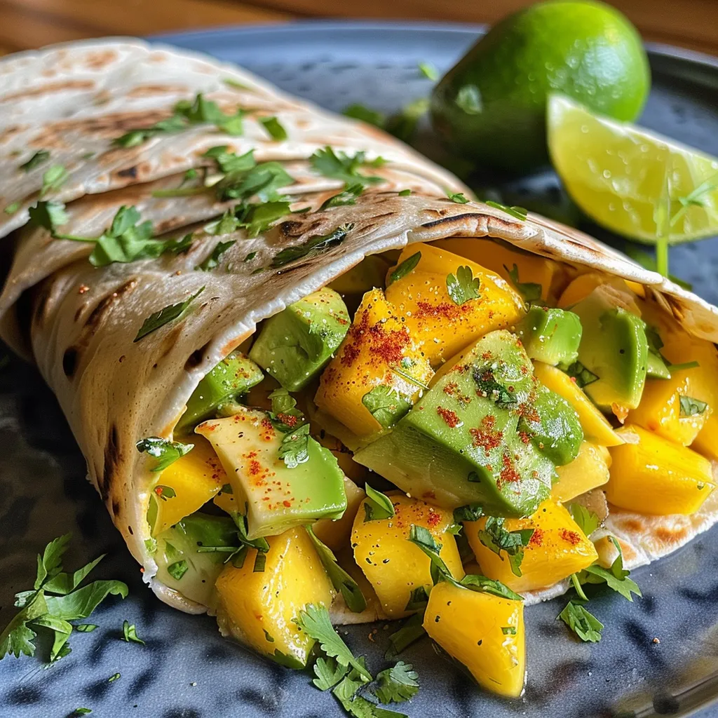 ['Close-up shot of colorful mango avocado wraps on a plate.', 'Side view of fresh mango avocado wraps with vibrant ingredients.', 'Juicy mango and avocado wraps arranged on a wooden surface.', 'Detailed view of whole grain tortillas filled with mango and avocado.']