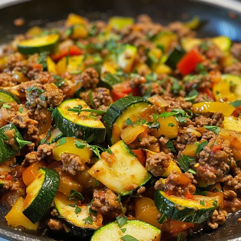 ['A close-up view of a vibrant zucchini and ground beef skillet, featuring chopped vegetables and herbs.', 'Juicy ground beef mixed with sliced zucchini and colorful bell pepper in a skillet, garnished with fresh herbs.', 'A side view of a delicious-looking skillet filled with zucchini and ground beef, with melted ingredients glistening.', 'A hearty zucchini and ground beef dish in a skillet, showcasing fresh garlic, herbs, and spices.']