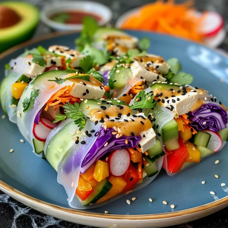 ['Close-up of rainbow rice paper wraps filled with fresh vegetables and tofu.', 'Colorful rice paper wraps showcasing vibrant ingredients on a plate.', 'Side view of rainbow rice paper wraps drizzled with black sesame sauce.', 'Juicy rice paper wraps featuring a variety of vegetables and herbs.']