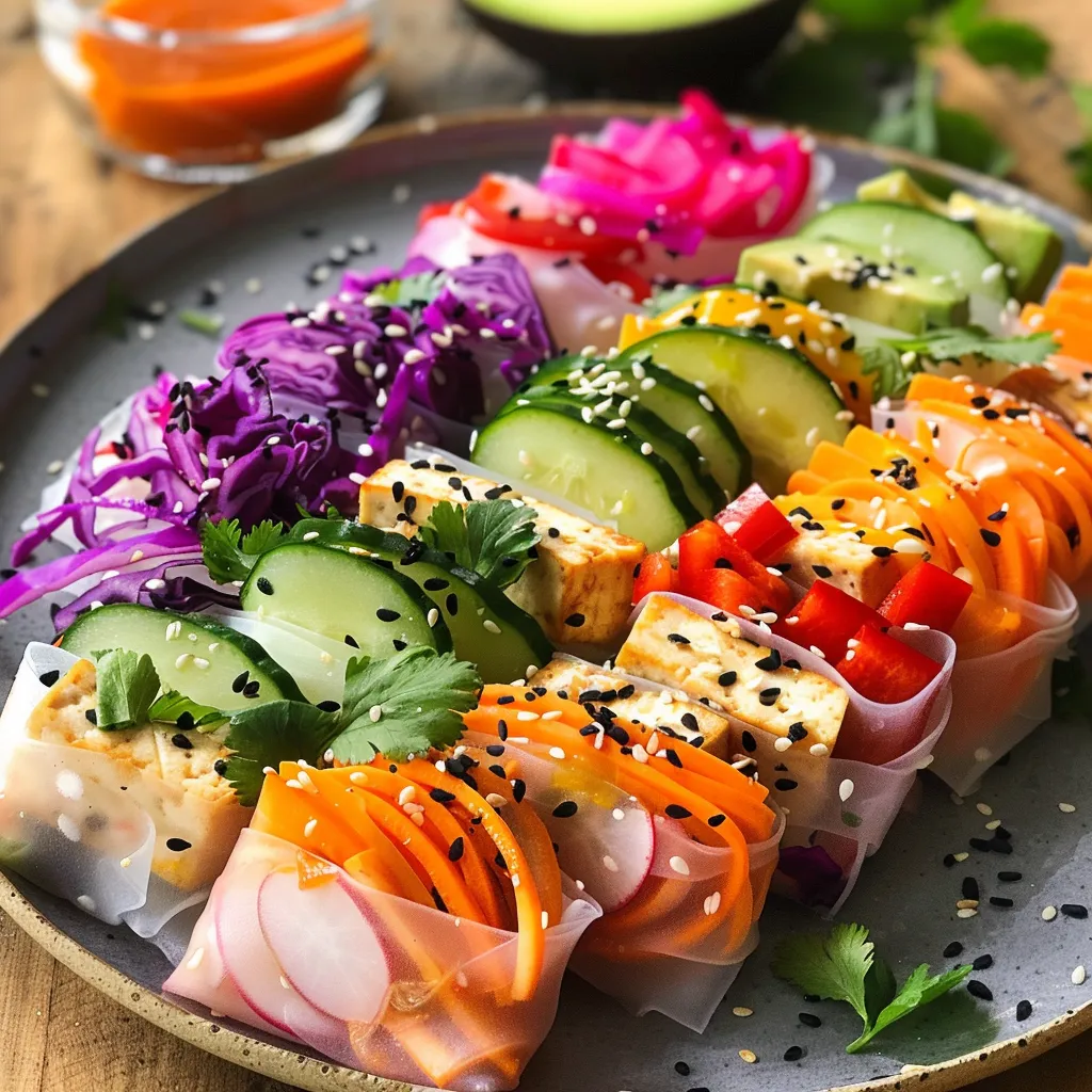 Close-up of rainbow rice paper wraps filled with fresh vegetables and tofu.