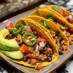 ['Close-up of zesty quinoa and black bean tacos with vibrant colors.', 'Side view of delicious quinoa tacos filled with black beans and fresh toppings.', 'Juicy quinoa and black bean tacos arranged on a plate, showcasing toppings.', 'Colorful tacos filled with zesty quinoa and black beans, garnished with avocado.']