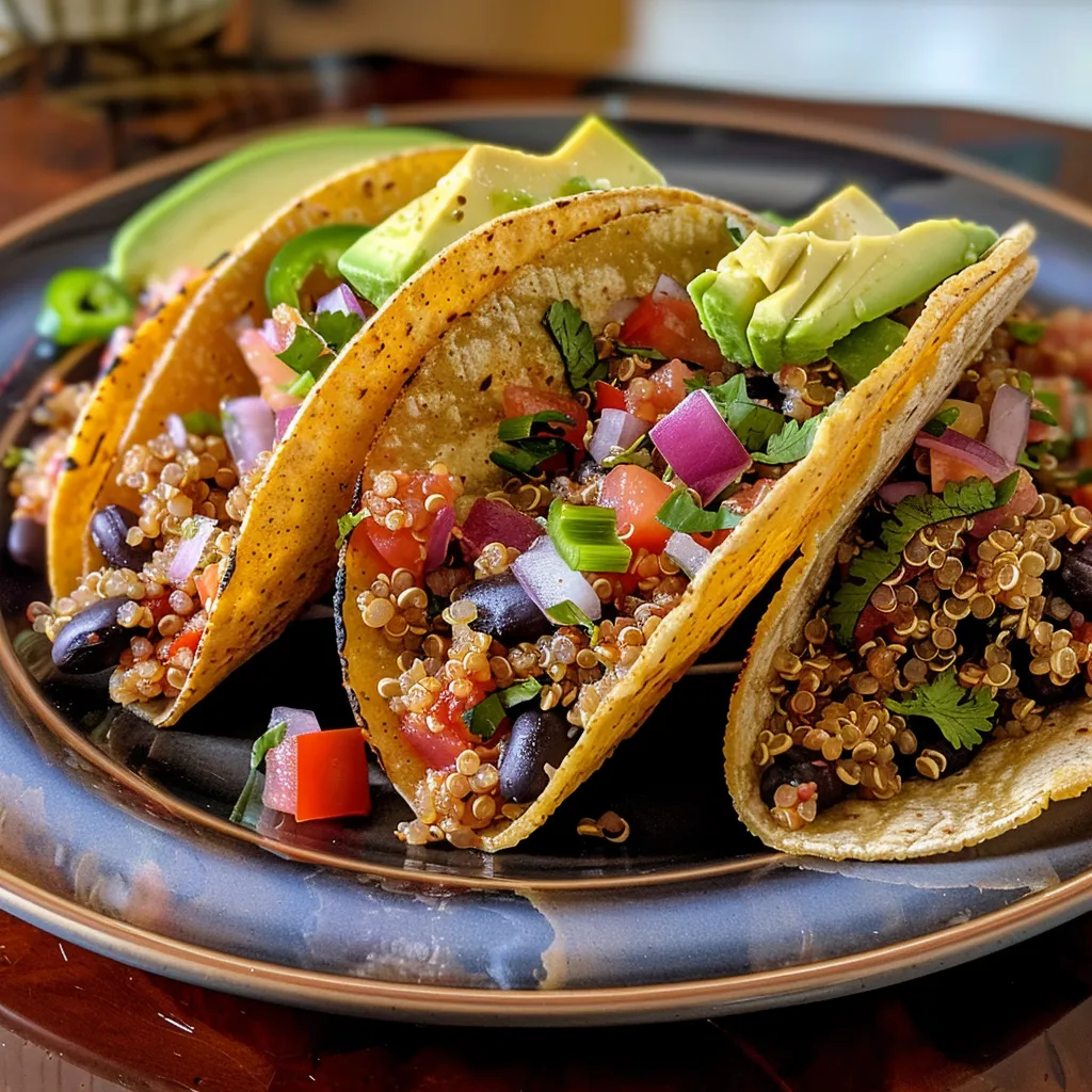 Close-up of zesty quinoa and black bean tacos with vibrant colors.