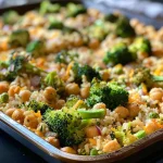 ['Close-up view of a colorful One Pan Chickpea Broccoli Rice Casserole with cheese melting on top.', 'Side view of a delicious One Pan Chickpea Broccoli Rice Casserole topped with golden cheese and broccoli florets.', 'Juicy chickpea and broccoli casserole served in a pan, showcasing rice and cheese.', 'An inviting One Pan Chickpea Broccoli Rice Casserole with visible chickpeas and broccoli pieces.']
