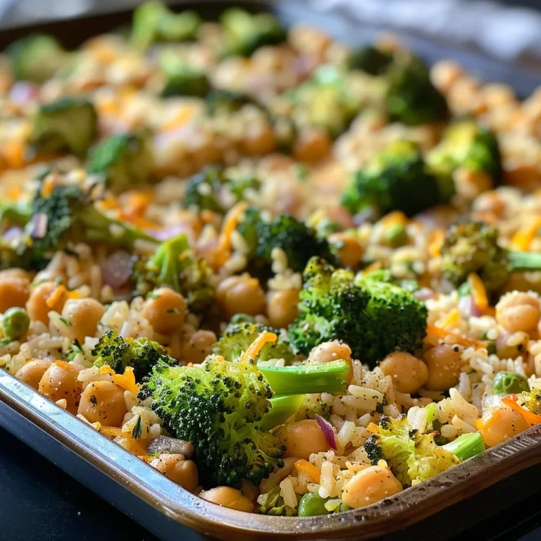 ['Close-up view of a colorful One Pan Chickpea Broccoli Rice Casserole with cheese melting on top.', 'Side view of a delicious One Pan Chickpea Broccoli Rice Casserole topped with golden cheese and broccoli florets.', 'Juicy chickpea and broccoli casserole served in a pan, showcasing rice and cheese.', 'An inviting One Pan Chickpea Broccoli Rice Casserole with visible chickpeas and broccoli pieces.']