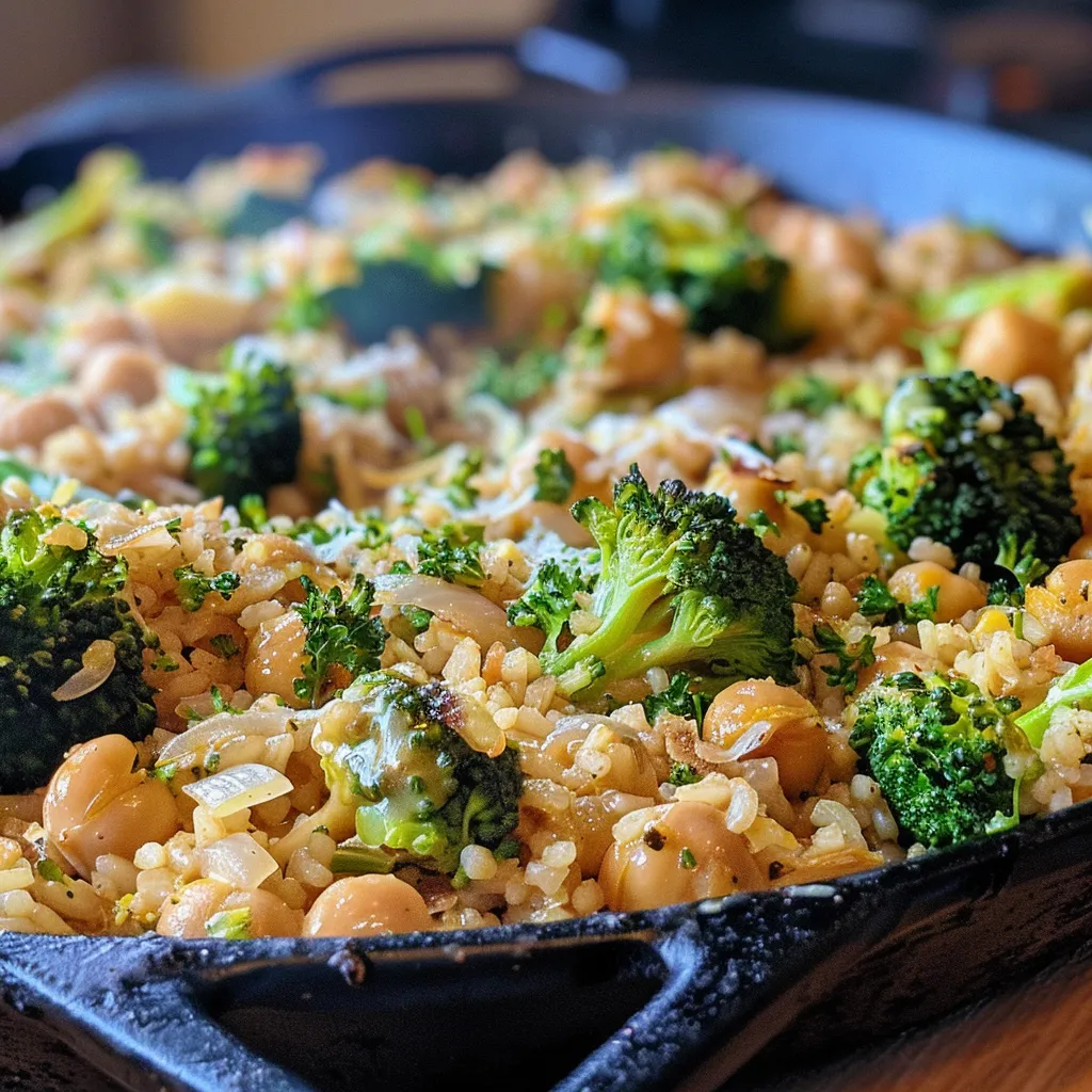 Close-up view of a colorful One Pan Chickpea Broccoli Rice Casserole with cheese melting on top.