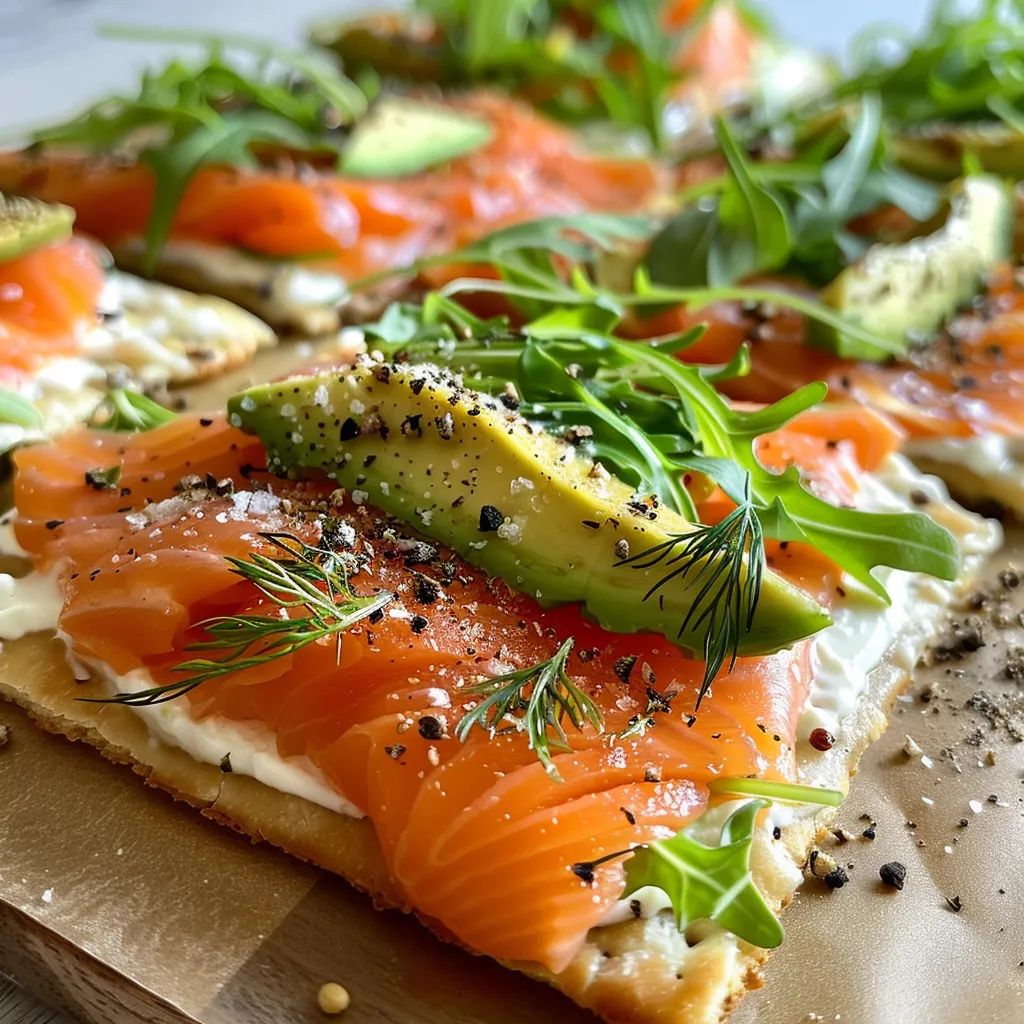 Close-up of summer salmon flatbreads topped with avocado and fresh greens.