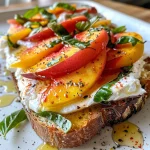 ['Close-up of Peach Caprese Toast featuring burrata, ripe peaches, and fresh basil.', 'Side view of toasted sourdough topped with peaches, burrata, and herbs.', 'Delicious Peach Caprese Toast with creamy burrata and vibrant colors.', 'Gourmet toast showcasing burrata cheese, sliced peaches, and fresh garnishes.']