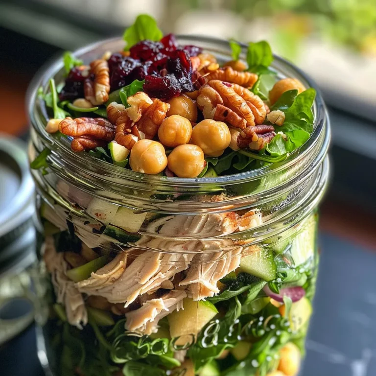 ['A close-up side view of a colorful mason jar salad featuring shredded turkey and fresh ingredients.', 'A vibrant mason jar filled with layers of turkey, apples, chickpeas, and greens against a neutral background.', 'An overhead shot of a mason jar salad, showcasing diced turkey, cranberries, and parsley.', 'A side view of a clear mason jar packed with leftover turkey salad ingredients, highlighting the fresh colors.']