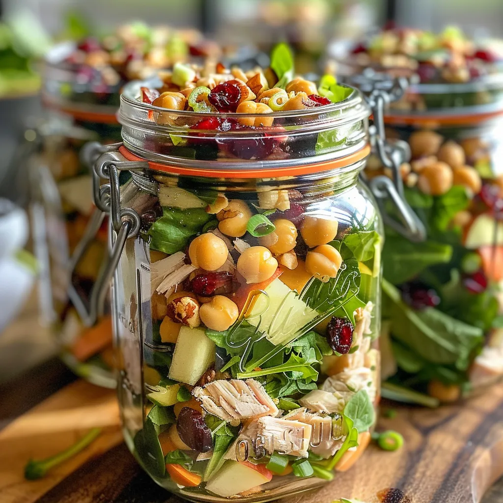 A close-up side view of a colorful mason jar salad featuring shredded turkey and fresh ingredients.