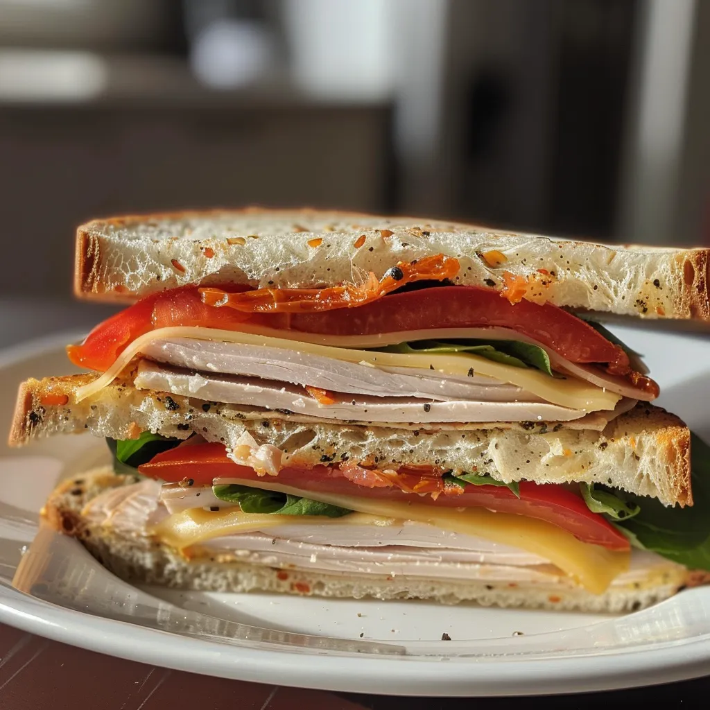 Close-up of a Tuscan turkey sandwich with vibrant ingredients.