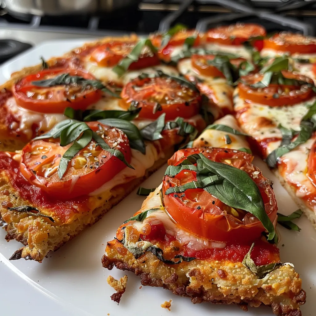 A close-up side view of a golden-brown chickpea pizza crust topped with fresh tomatoes and melted cheese.