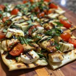 ['Juicy grilled chicken flatbread topped with fresh mozzarella, cherry tomatoes, and basil.', 'Close-up of a flatbread loaded with grilled chicken, mozzarella, and vibrant tomatoes.', 'Side view of a Caprese flatbread featuring grilled chicken and fresh basil leaves.', 'Delicious flatbread topped with diced grilled chicken, mozzarella chunks, and halved cherry tomatoes.']