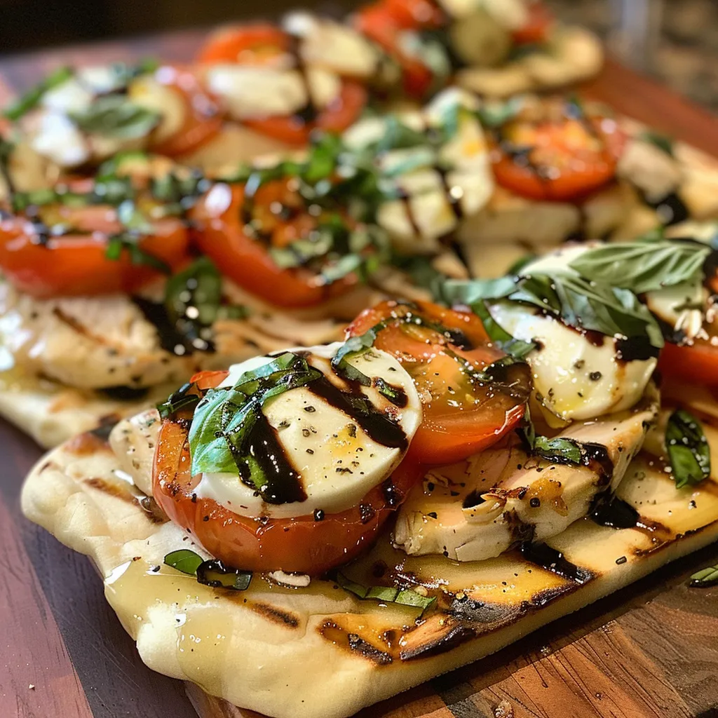 Juicy grilled chicken flatbread topped with fresh mozzarella, cherry tomatoes, and basil.