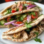 ['A close-up view of Turkey Pitas filled with chickpeas, cucumber, and tahini sauce.', 'Juicy Turkey Pitas garnished with fresh herbs, chickpeas, and a drizzle of tahini.', 'Side view of Turkey Pitas showcasing vibrant cucumber and cherry tomato fillings.', 'Delicious Turkey Pitas loaded with veggies and tahini, presented on a rustic surface.']