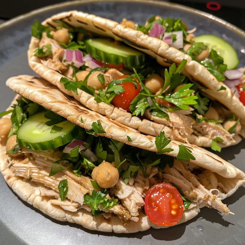 A close-up view of Turkey Pitas filled with chickpeas, cucumber, and tahini sauce.