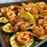 ['Juicy oven-baked shrimp and zucchini, garnished with parsley, displayed on a white plate.', 'A close-up view of shrimp and zucchini, seasoned and ready to serve, on a rustic wooden table.', 'Freshly baked shrimp and zucchini, showcasing vibrant colors and textures, against a dark background.', 'A side view of oven-baked shrimp with zucchini, highlighting the juicy shrimp and golden-brown edges.']