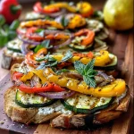 ['Close-up view of juicy grilled vegetable toast featuring colorful veggies on sourdough.', 'Side view of a slice of grilled vegetable toast topped with goat cheese and fresh herbs.', 'A plate displaying grilled vegetable toast with zucchini, bell peppers, and cottage cheese.', 'Juicy grilled vegetable toast showcasing vibrant vegetable slices on toasted sourdough.']