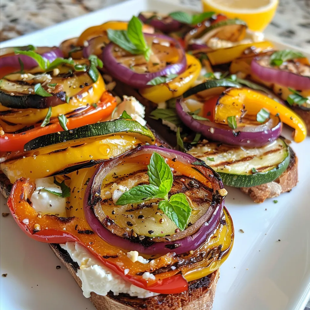 ['Close-up view of juicy grilled vegetable toast featuring colorful veggies on sourdough.', 'Side view of a slice of grilled vegetable toast topped with goat cheese and fresh herbs.', 'A plate displaying grilled vegetable toast with zucchini, bell peppers, and cottage cheese.', 'Juicy grilled vegetable toast showcasing vibrant vegetable slices on toasted sourdough.']