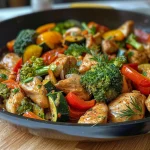 ['Close-up of a colorful chicken and vegetable skillet, showcasing diced chicken, bell peppers, zucchini, broccoli, and onions.', 'Side view of a sizzling skillet filled with juicy chicken pieces and vibrant mixed vegetables, garnished with parsley.', 'A mouthwatering image of a healthy chicken and vegetable dish in a skillet, featuring bright red and yellow bell peppers and fresh greens.', 'Detailed shot of a nutritious chicken and vegetable skillet recipe, highlighting tender chicken and colorful veggies in olive oil.']