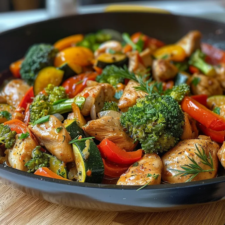 ['Close-up of a colorful chicken and vegetable skillet, showcasing diced chicken, bell peppers, zucchini, broccoli, and onions.', 'Side view of a sizzling skillet filled with juicy chicken pieces and vibrant mixed vegetables, garnished with parsley.', 'A mouthwatering image of a healthy chicken and vegetable dish in a skillet, featuring bright red and yellow bell peppers and fresh greens.', 'Detailed shot of a nutritious chicken and vegetable skillet recipe, highlighting tender chicken and colorful veggies in olive oil.']