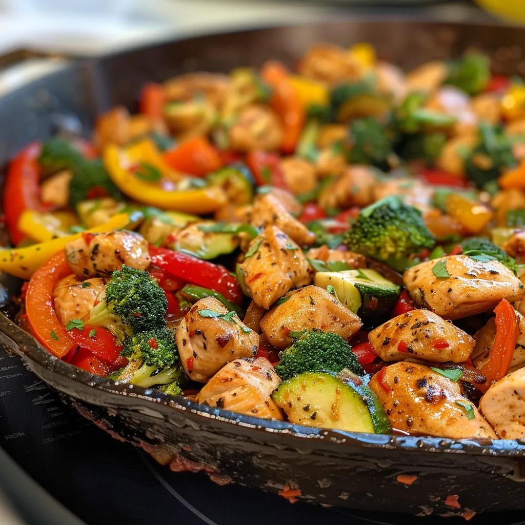 ['Close-up of a colorful chicken and vegetable skillet, showcasing diced chicken, bell peppers, zucchini, broccoli, and onions.', 'Side view of a sizzling skillet filled with juicy chicken pieces and vibrant mixed vegetables, garnished with parsley.', 'A mouthwatering image of a healthy chicken and vegetable dish in a skillet, featuring bright red and yellow bell peppers and fresh greens.', 'Detailed shot of a nutritious chicken and vegetable skillet recipe, highlighting tender chicken and colorful veggies in olive oil.']