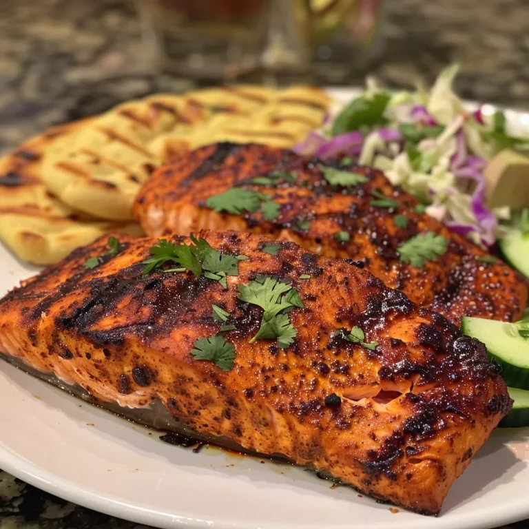 ['Juicy blackened salmon fillet served alongside grilled naan and fresh vegetables.', 'Deliciously spiced blackened salmon with naan bread and a colorful salad garnish.', 'Side view of perfectly cooked blackened salmon and warm grilled naan on a plate.', 'Close-up of blackened salmon served with naan and topped with fresh herbs and vegetables.']