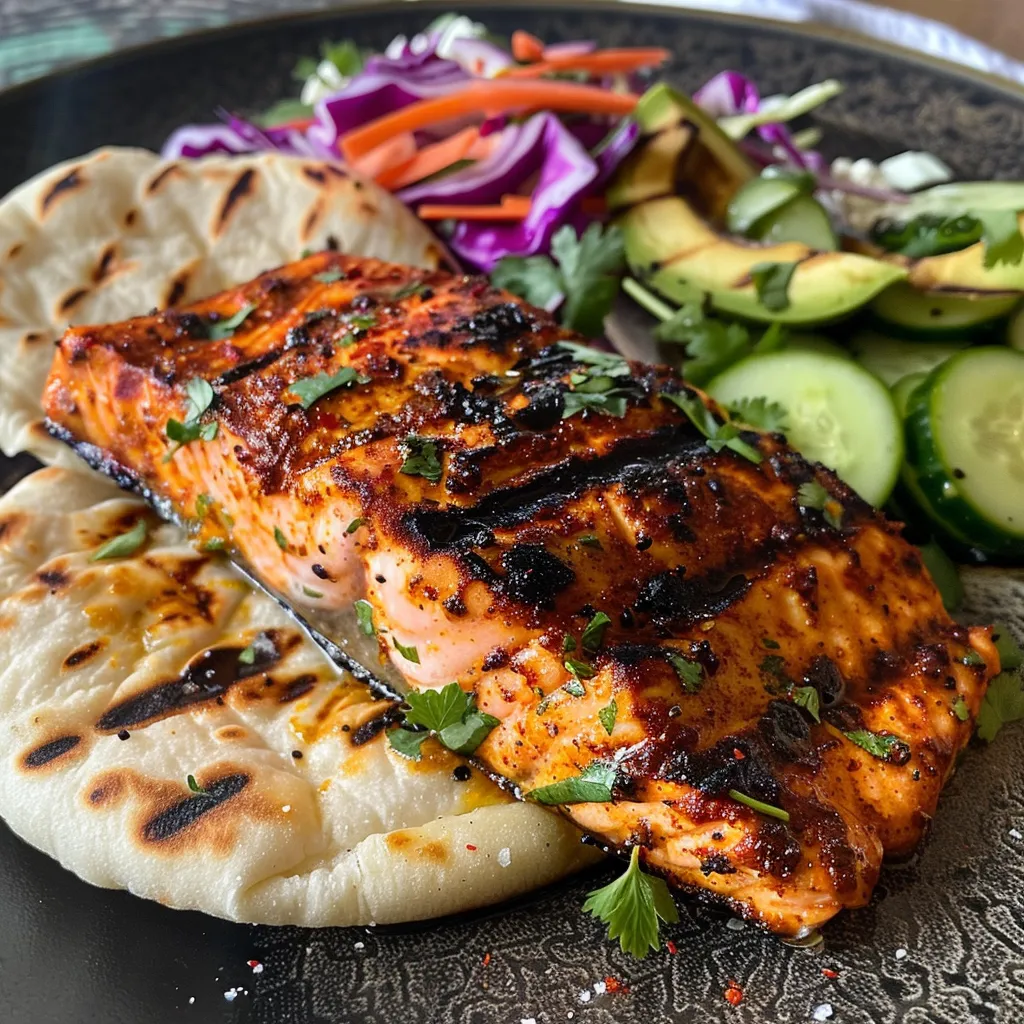 ['Juicy blackened salmon fillet served alongside grilled naan and fresh vegetables.', 'Deliciously spiced blackened salmon with naan bread and a colorful salad garnish.', 'Side view of perfectly cooked blackened salmon and warm grilled naan on a plate.', 'Close-up of blackened salmon served with naan and topped with fresh herbs and vegetables.']