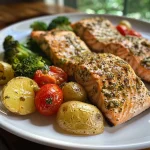 ["Close-up view of Za'atar Garlic Salmon with baby potatoes and broccoli.", "Side view of a plated Za'atar Garlic Salmon with colorful vegetables.", "Juicy salmon fillet seasoned with Za'atar and served with grape tomatoes.", "A vibrant dish of Za'atar Garlic Salmon alongside roasted potatoes."]