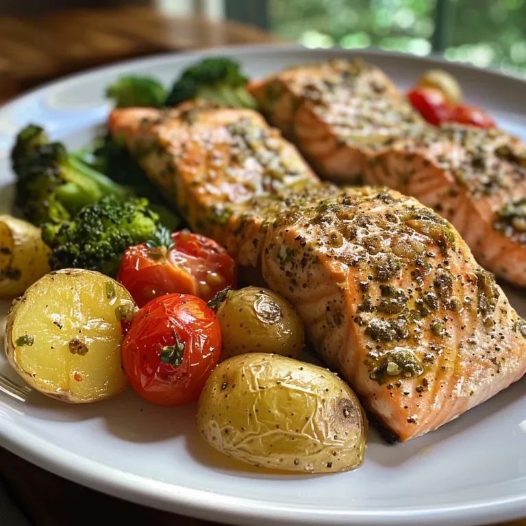 ["Close-up view of Za'atar Garlic Salmon with baby potatoes and broccoli.", "Side view of a plated Za'atar Garlic Salmon with colorful vegetables.", "Juicy salmon fillet seasoned with Za'atar and served with grape tomatoes.", "A vibrant dish of Za'atar Garlic Salmon alongside roasted potatoes."]