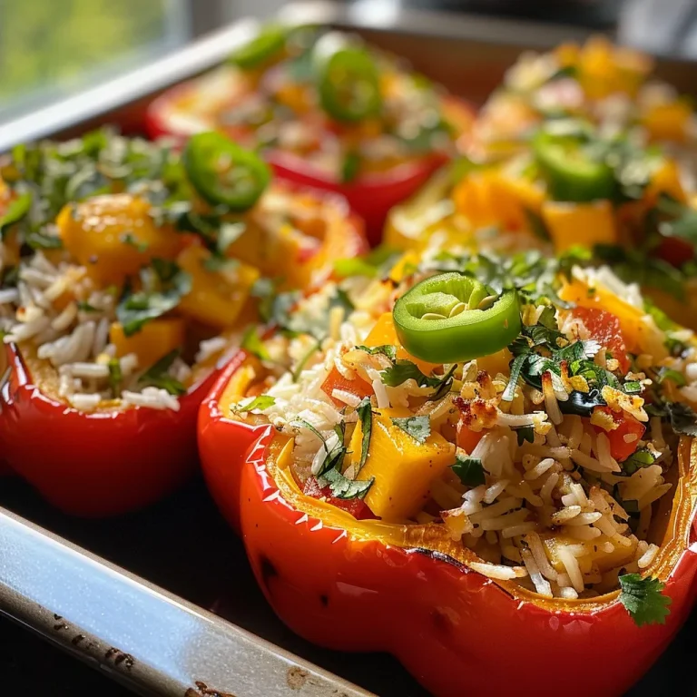 ['A close-up side view of vibrant red bell peppers stuffed with coconut rice and colorful vegetables.', 'Juicy, stuffed red peppers filled with coconut rice, zucchini, and diced tofu, showing layers of ingredients.', 'A side angle of red bell peppers, generously filled with coconut rice, garnished with herbs and spices.', 'A detailed look at Coconut Rice Stuffed Peppers showcasing a mix of vibrant colors and textures from the filling.']