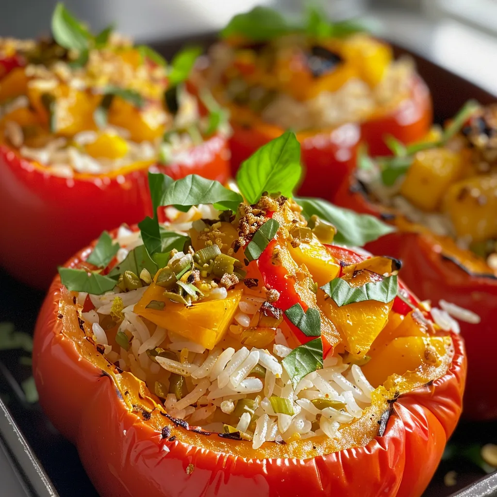 A close-up side view of vibrant red bell peppers stuffed with coconut rice and colorful vegetables.