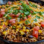 ['A close-up view of a Cheesy Taco Rice Skillet featuring ground beef, cheese, and colorful ingredients.', 'Side view of a skillet filled with Cheesy Taco Rice, showing layers of ground beef, beans, and melted cheese.', 'Juicy Cheesy Taco Rice Skillet with a variety of textures and vibrant colors, ready to serve.', 'A delicious bowl of Cheesy Taco Rice Skillet with toppings like cheese, avocado, and cilantro.']