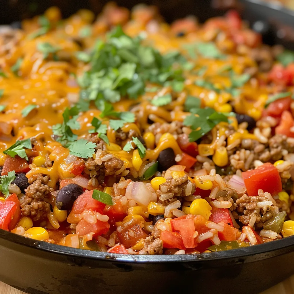 A close-up view of a Cheesy Taco Rice Skillet featuring ground beef, cheese, and colorful ingredients.