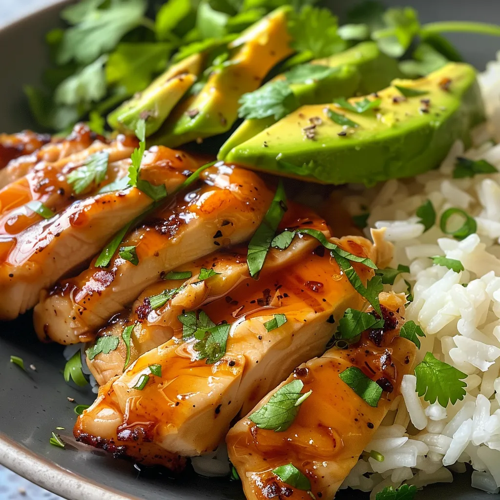 Close-up view of a Honey Lime Chicken and Avocado Rice Stack with vibrant colors.