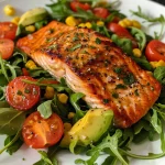['Close-up view of a vibrant Summertime Salmon Chopped Salad featuring fresh ingredients.', 'Side shot of a colorful bowl filled with salmon, lettuce, corn, and avocado salad.', 'Juicy salmon fillets atop a bed of butter lettuce and arugula with diced avocado and grape tomatoes.', 'A fresh summer salad with grilled salmon, corn, tomatoes, and basil, presented in a casual setting.']
