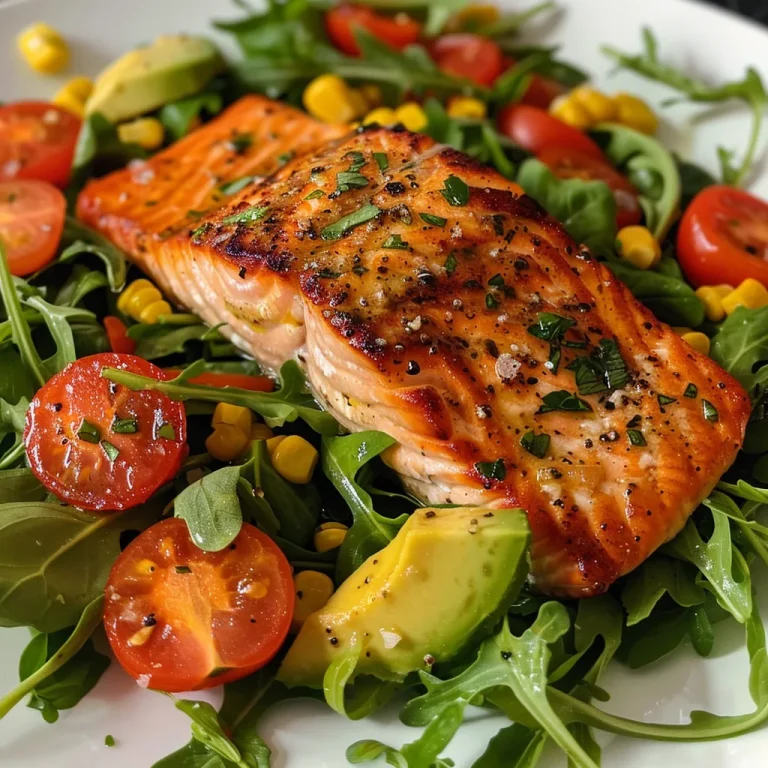 ['Close-up view of a vibrant Summertime Salmon Chopped Salad featuring fresh ingredients.', 'Side shot of a colorful bowl filled with salmon, lettuce, corn, and avocado salad.', 'Juicy salmon fillets atop a bed of butter lettuce and arugula with diced avocado and grape tomatoes.', 'A fresh summer salad with grilled salmon, corn, tomatoes, and basil, presented in a casual setting.']