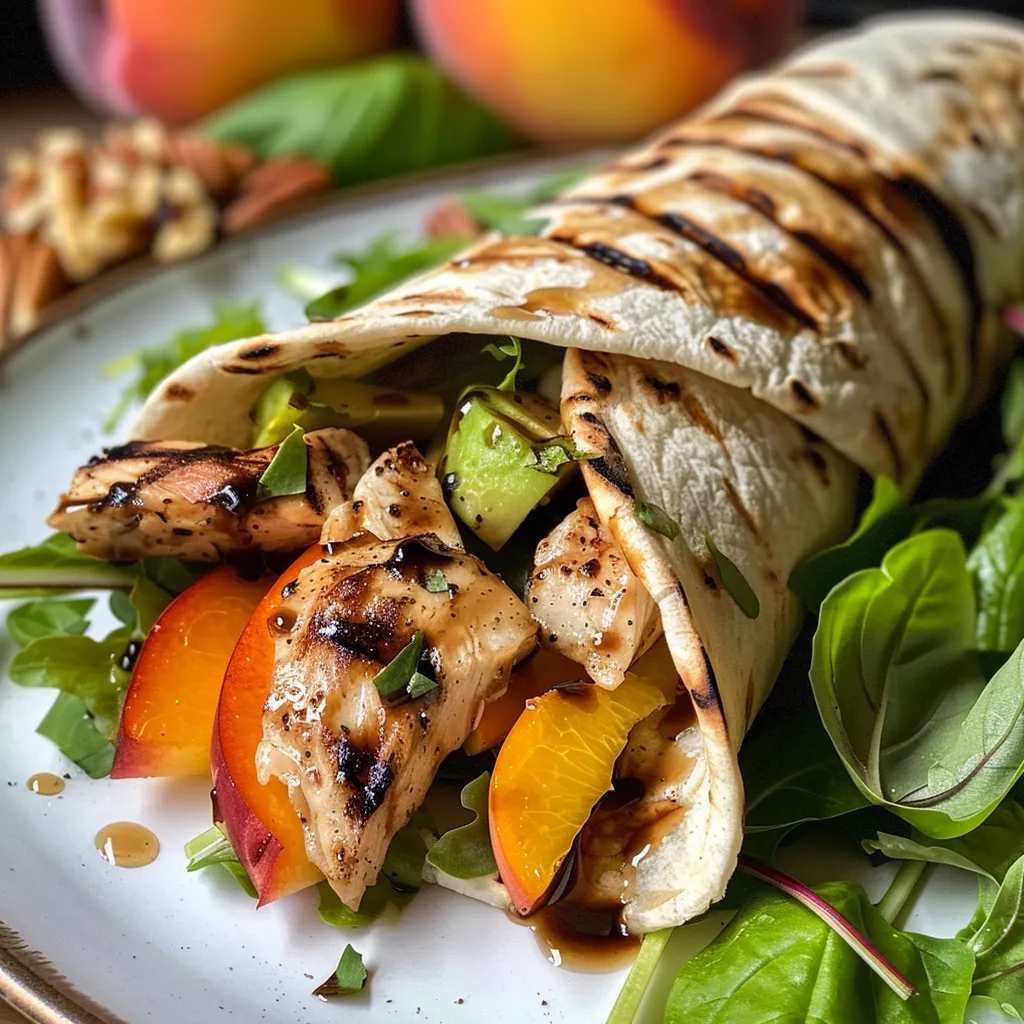 A close-up side view of a chicken avocado wrap filled with fresh ingredients.
