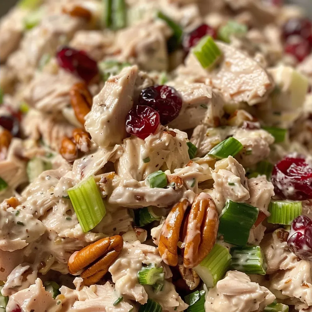 Close-up view of a colorful turkey salad featuring chunks of turkey, greens, and nuts.