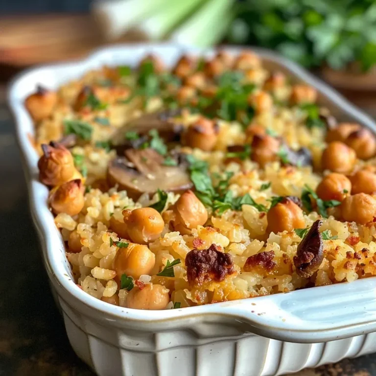['Close-up of a vegan chickpea and rice casserole in a baking dish.', 'Side view of a delicious vegan chickpea casserole with golden-brown top.', 'A hearty vegan chickpea and rice casserole filled with vegetables.', 'Juicy vegan casserole showcasing chickpeas and rice, served in a warm dish.']