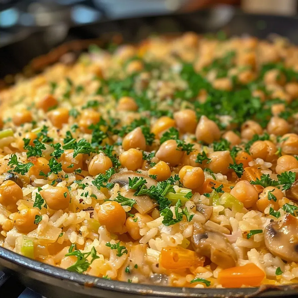 ['Close-up of a vegan chickpea and rice casserole in a baking dish.', 'Side view of a delicious vegan chickpea casserole with golden-brown top.', 'A hearty vegan chickpea and rice casserole filled with vegetables.', 'Juicy vegan casserole showcasing chickpeas and rice, served in a warm dish.']