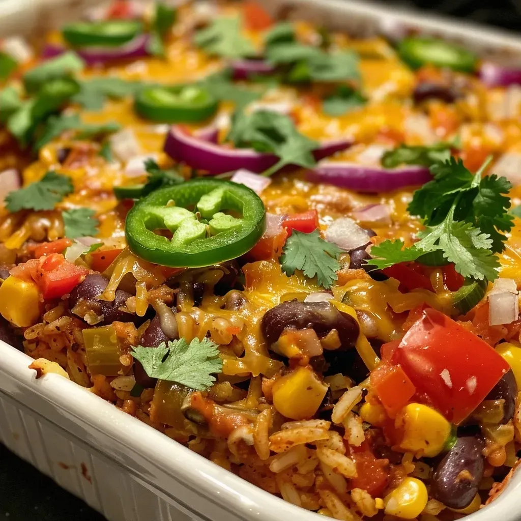 A vibrant Mexican casserole overflowing with layers of vegetables, rice, and beans in a baking dish.