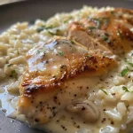 ['Close-up view of a creamy chicken and rice bake in a baking dish.', 'Side angle of a velvety chicken and rice casserole topped with a golden crust.', 'Succulent pieces of chicken and rice bake displayed in a white dish.', 'Deliciously creamy chicken and rice bake ready to be served.']